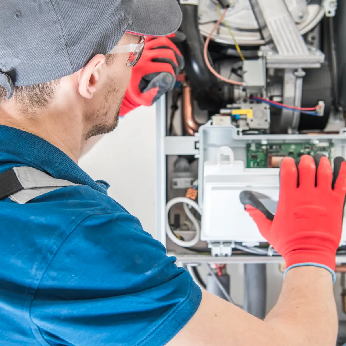 Technician in red gloves servicing a boiler's controls