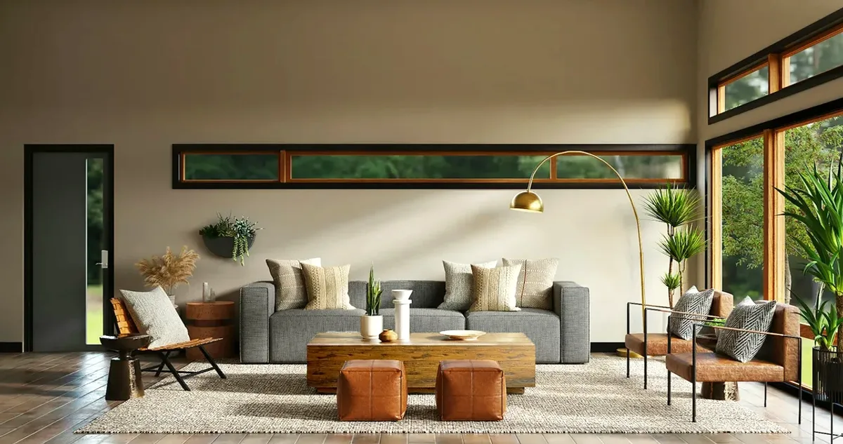 Bright living room with a grey sofa and large windows